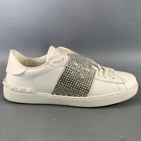VALENTINO GARAVANI Size 11 White Rhinestone Leather Low Top Sneakers