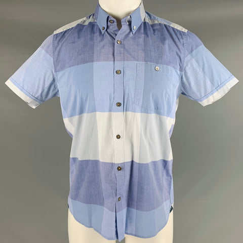TED BAKER Size M Blue Light Blue Checkered Cotton One Pocket Short Sleeve Shirt