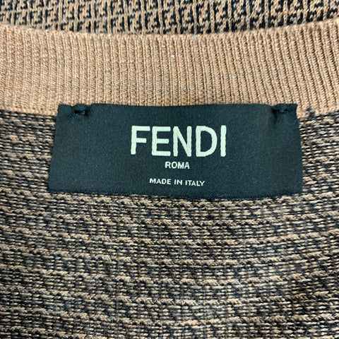 FENDI Taille L Pull à col rond en laine monogramme marron beige