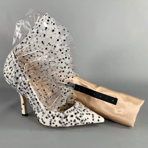 MIDNIGHT 00 Size 7.5 White Black Tulle Polka Dot Leather Trim Stiletto Heels Pumps