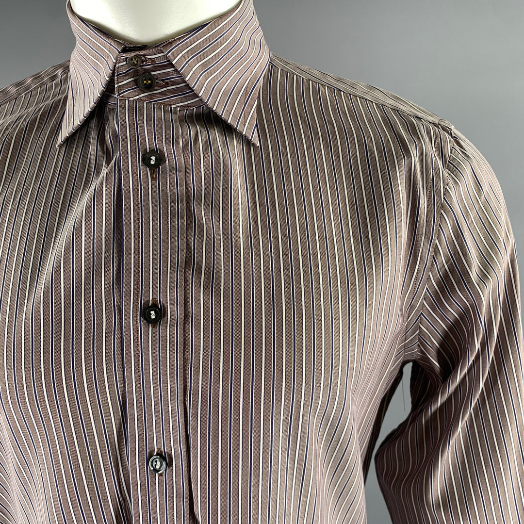 DSQUARED2 Size M Brown Blue Stripe Cotton Pointed Collar Long Sleeve Shirt