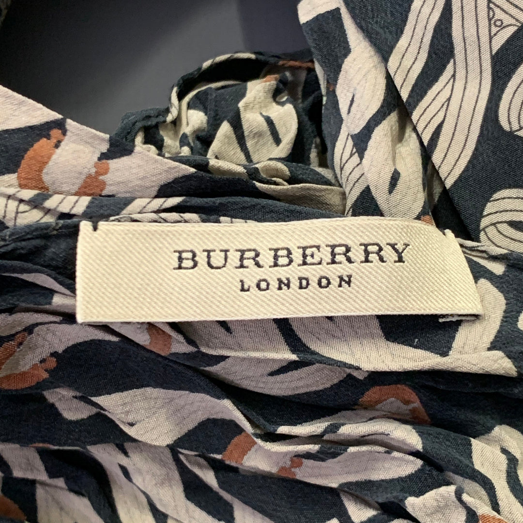 BURBERRY LONDON Navy Grey Knots Silk Raw Edge Fringe Scarf