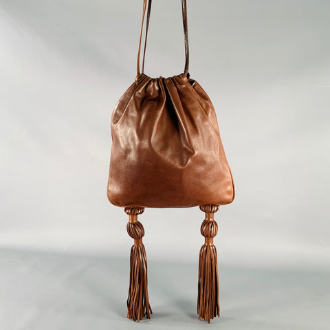 BOTTEGA VENETA Brown Leather Tassels Drawstring Crossbody Bag