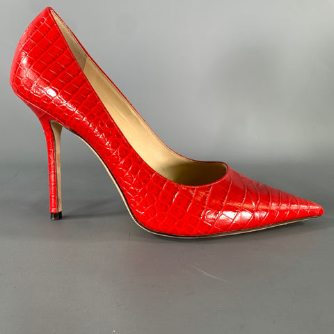 JIMMY CHOO Size 9 Red Leather J000126329395 Croc Embossed Embossed Pumps