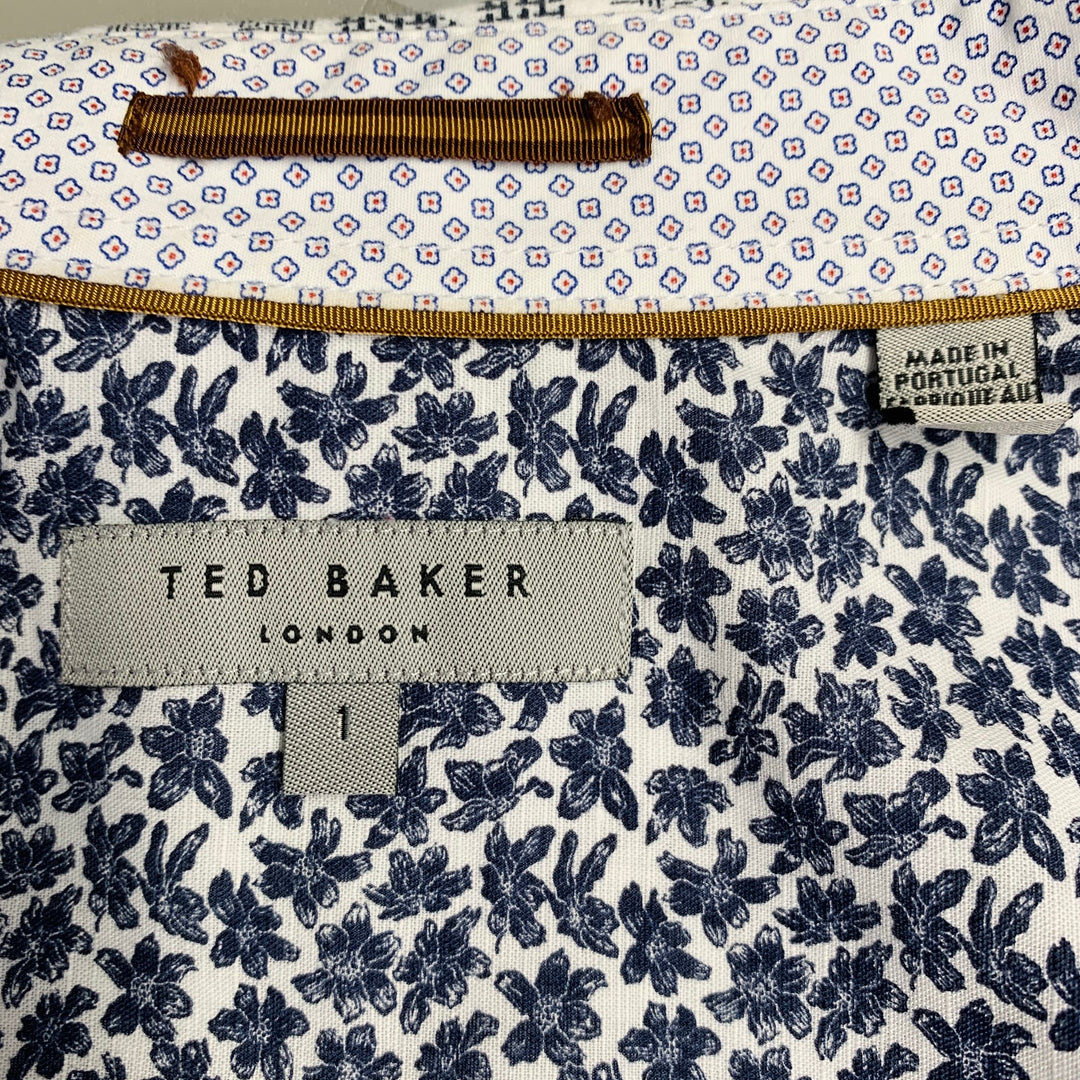 TED BAKER Size XS Bordeux White Black Abstract Floral Cotton Short Sleeve Shirt