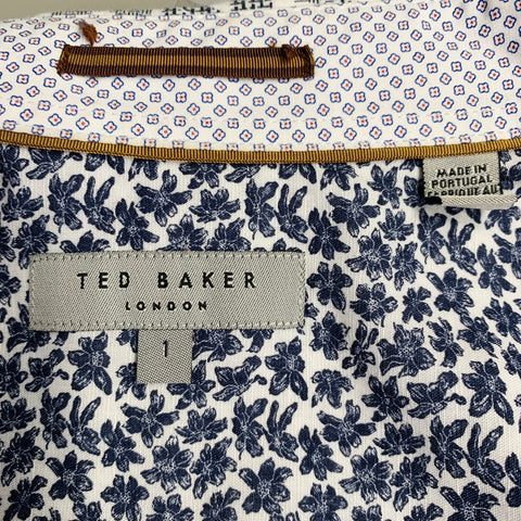TED BAKER Size XS Bordeux White Black Abstract Floral Cotton Short Sleeve Shirt