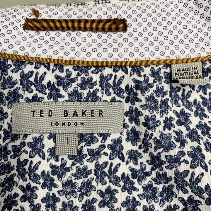 TED BAKER Size XS Bordeux White Black Abstract Floral Cotton Short Sleeve Shirt