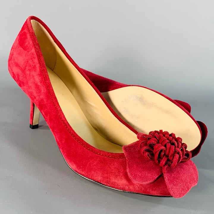 KATE SPADE Size 7.5 Burgundy Suede Floral Applique Kitten Heel Pumps