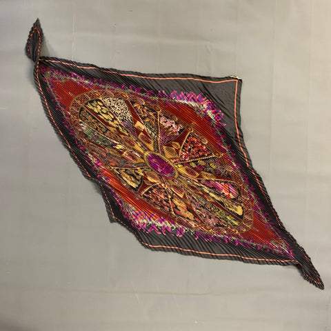 HERMES Burgundy Black Pleated Silk Scarves