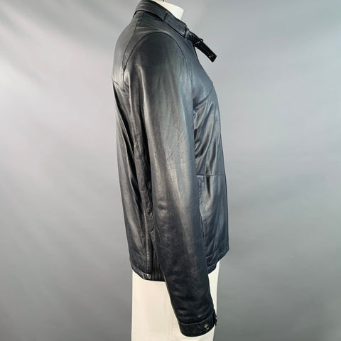 BUGATCHI Size L Navy Lambskin Leather Moto Racer Jacket