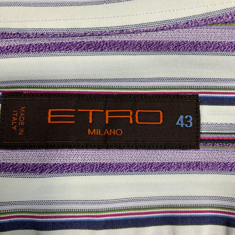 ETRO Size L White Purple Stripe Cotton Button Up Long Sleeve Shirt