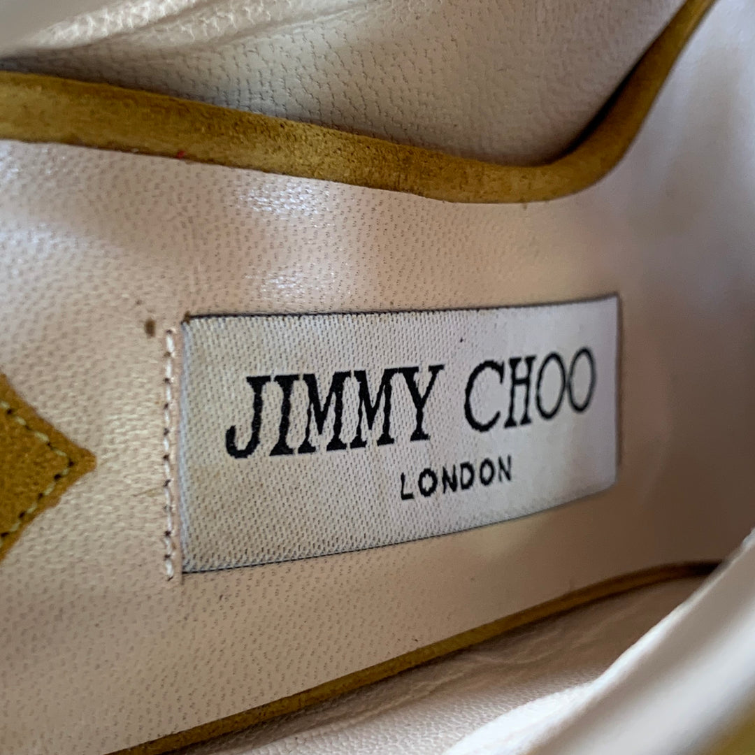 JIMMY CHOO Size 4.5 Yellow Brown Suede Buckle Stiletto Cage Boots