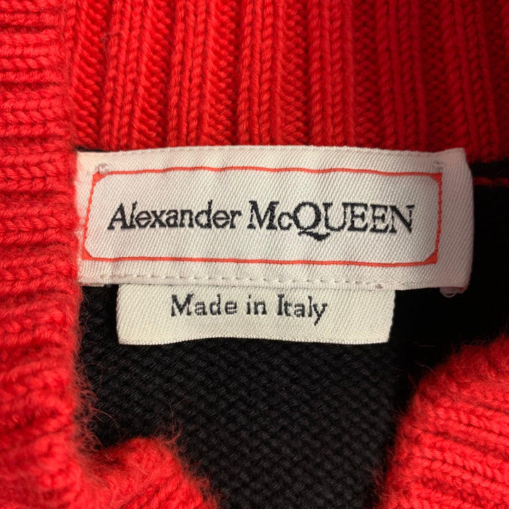 ALEXANDER MCQUEEN Size XL Black Red Two Toned Cotton V-Neck Sweater