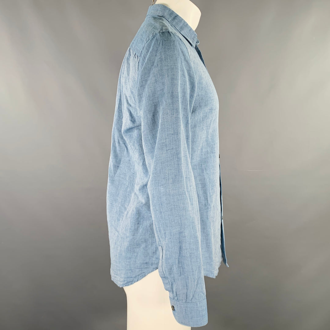 THEORY Size M Blue Linen Cotton Spread Collar Long Sleeve Shirt