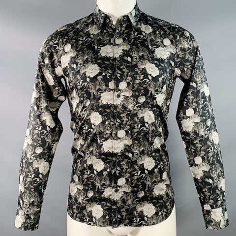 TED BAKER Size XS Stylo Black Grey Floral Leopards Cotton Spread Collar Long Sleeve Shirt