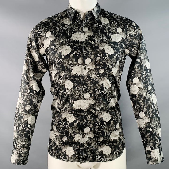 TED BAKER Size XS Stylo Black Grey Floral Leopards Cotton Spread Collar Long Sleeve Shirt