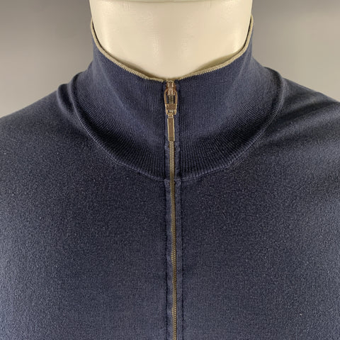 BRUNELLO CUCINELLI Size M Navy Grey Cotton Zip Mock Neck Sweater