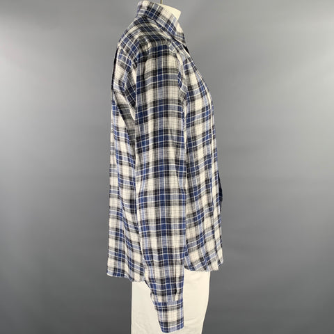 BRIONI Size L Blue Black White Plaid Linen Pointed Collar Long Sleeve Shirt