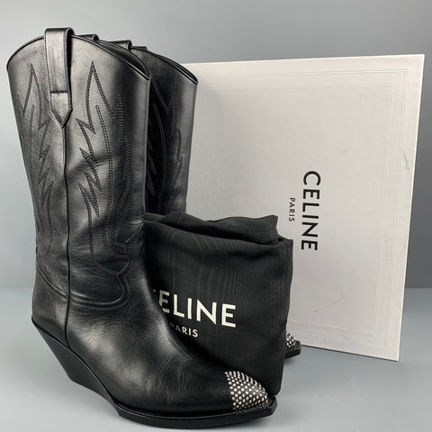 CELINE Taille 8 Bottes western en cuir strass noir pour hommes