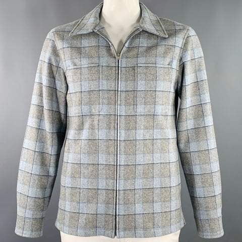 SANDRO Size L Blue Grey Window Pane Wool Blend Zip Up Jacket