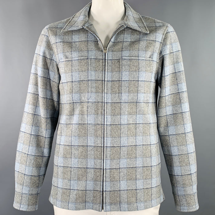 SANDRO Size L Blue Grey Window Pane Wool Blend Zip Up Jacket