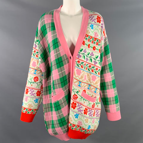 MSGM Size M Pink Multi Color Viscose Blend Floral Plaid Oversized Mixed Patterns Cardigan