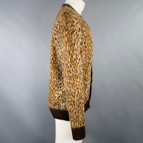WACKO MARIA Size M Brown Beige Animal Print Mohair Blend V-Neck Cardigan