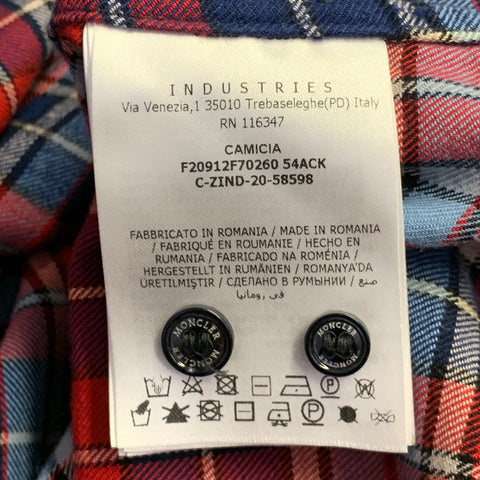 MONCLER Size M Blue Navy Red Plaid Cotton Button Down Collar Long Sleeve Shirt