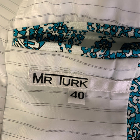 MR TURK Chest Size 40 White Blue Paisley Cotton Blend Notch Lapel 34 28 Suit