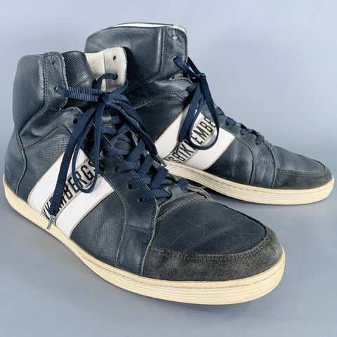 BIKKEMBERGS Size 10 Navy White Perforated Leather High Top Sneakers