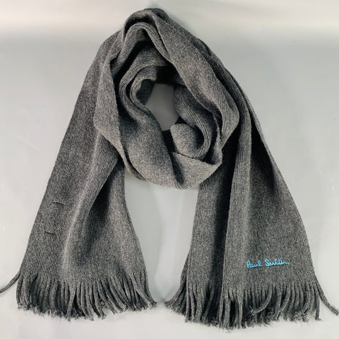 PAUL SMITH Grey Blue Embroidered Wool Knit Fringe Scarf