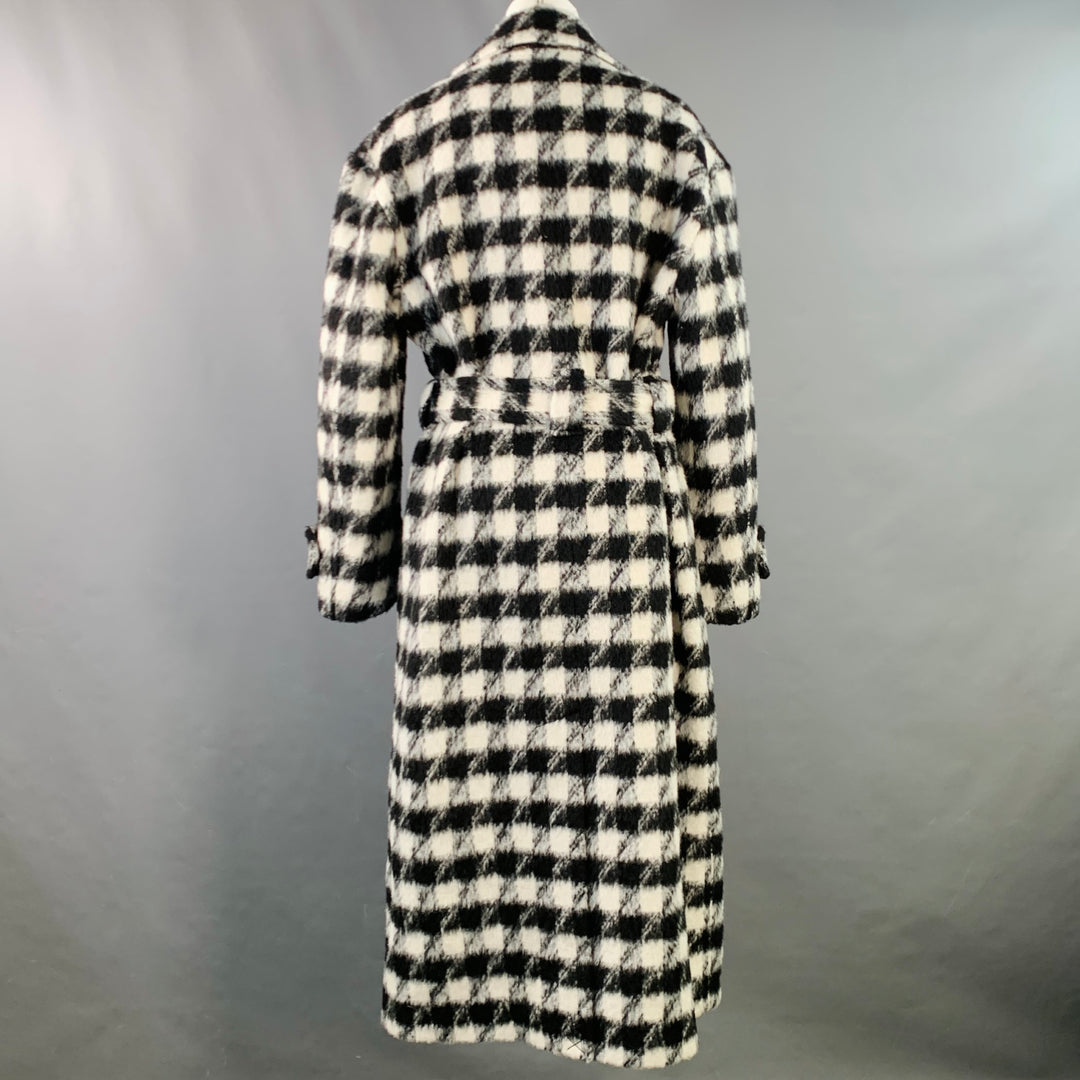 ALLSAINTS Size 8 Black White Wool Blend Checkered Double Breasted Belted Coat
