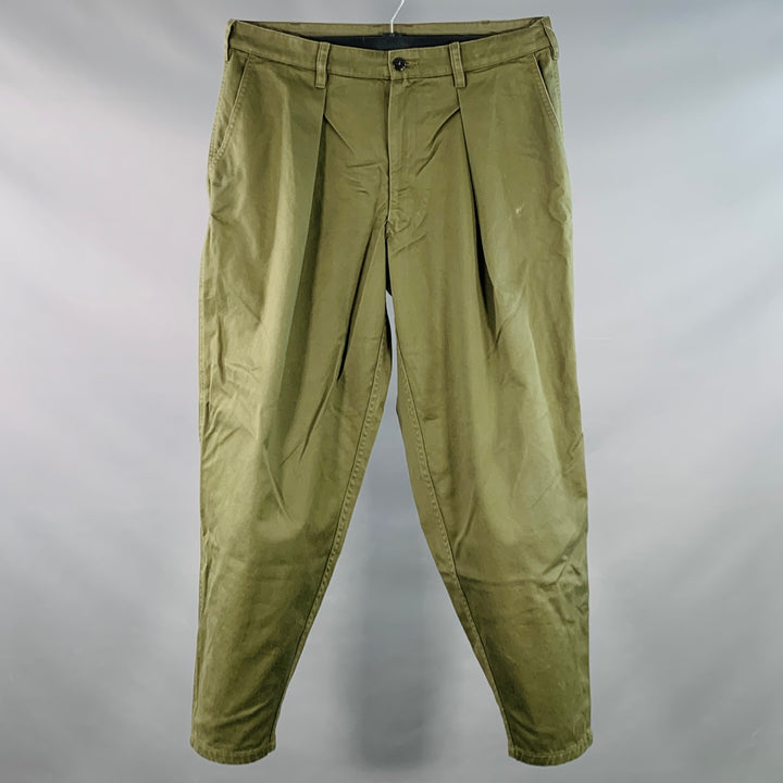 MONITALY Size 34 Green Olive Cotton Sateen Pleated Casual Pants