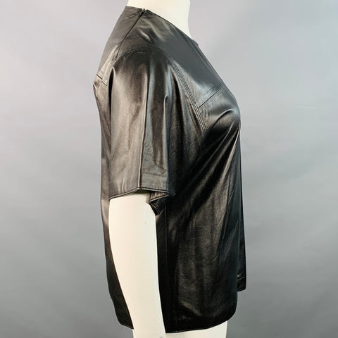 VALENTINA KOVA Size L Black Leather Crew Neck Casual Top