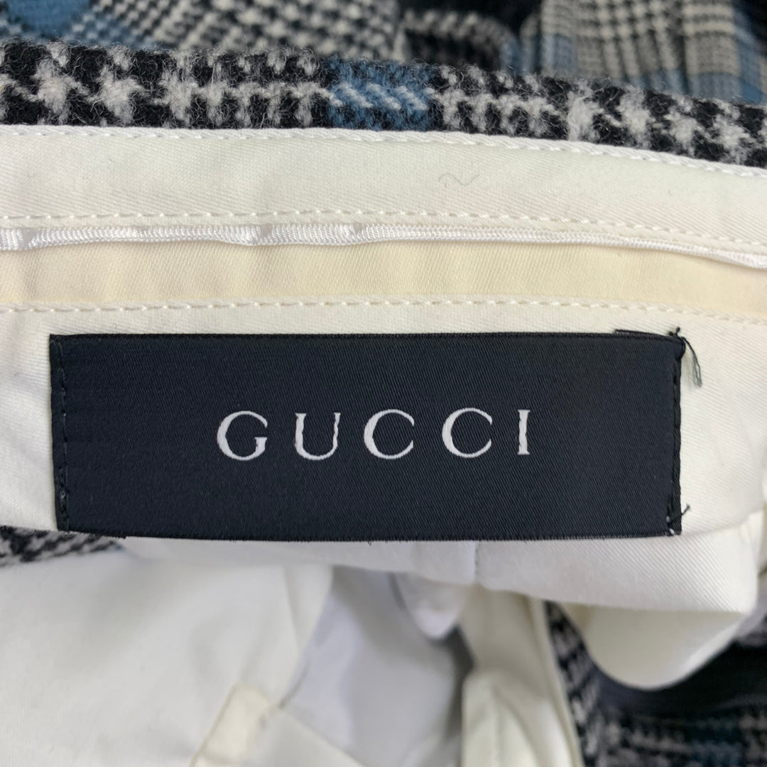 GUCCI Size 38 Black White Blue Glenplaid Wool Notch Lapel Suit