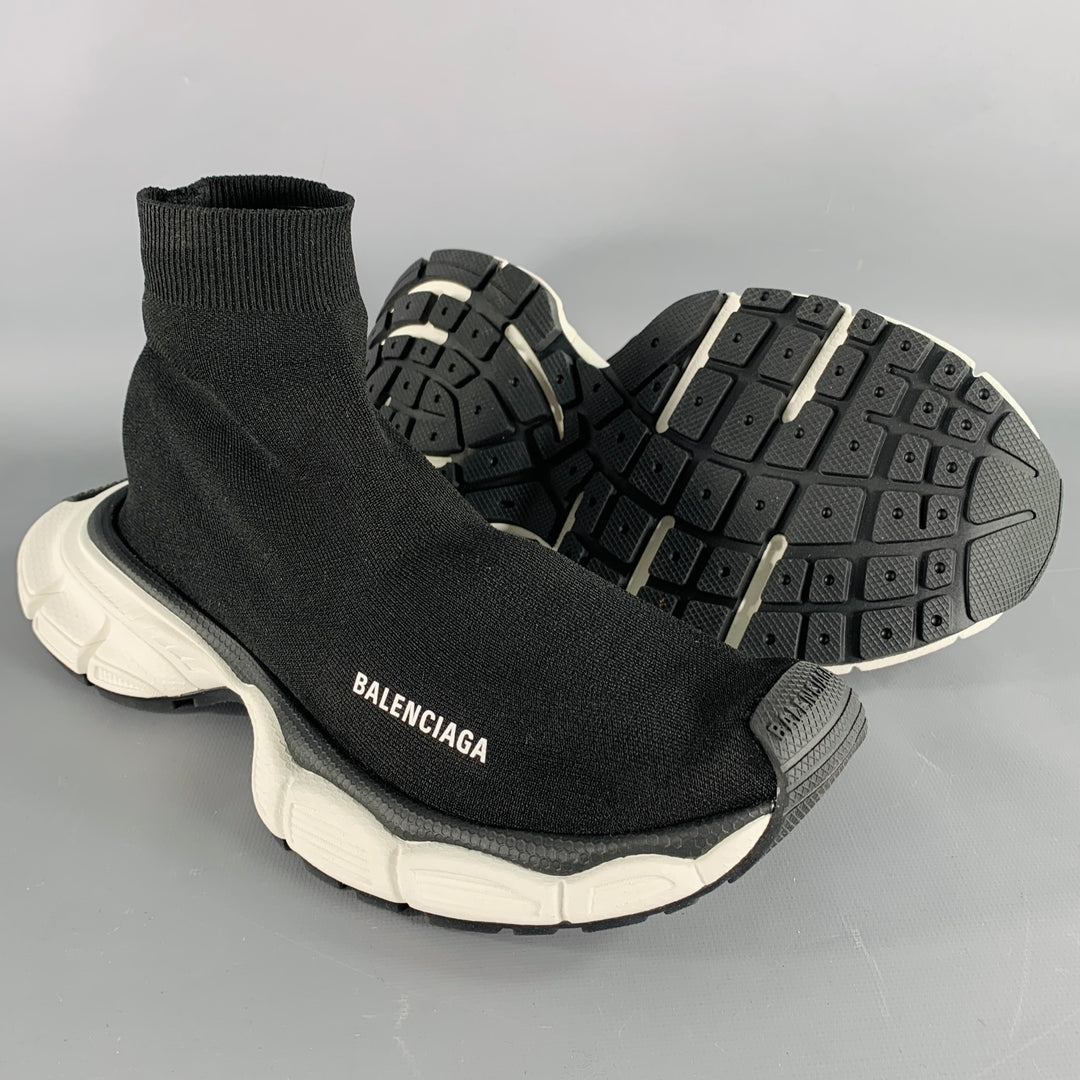 BALENCIAGA Size 8 Speed Stretch Knit Black White Logo Nylon Sock Sneakers