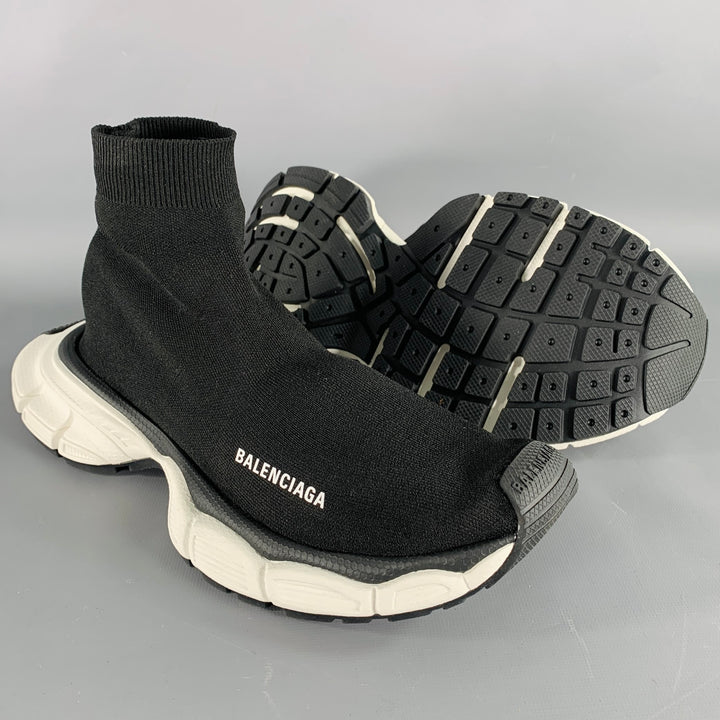 BALENCIAGA Size 8 Speed Stretch Knit Black White Logo Nylon Sock Sneakers