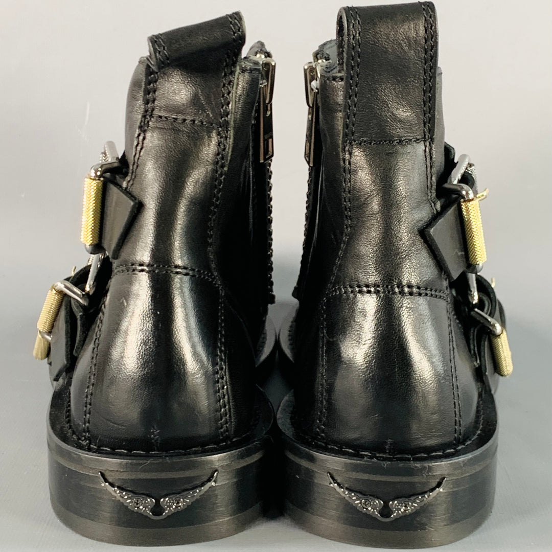 ZADIG & VOLTAIRE Size 8 Laureen Flap Black Studded Leather Belted Side Zipper Boots