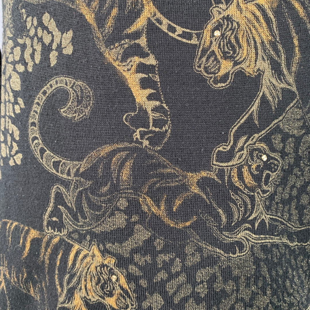 VERSACE JEANS Size L Black Gold Tiger Cotton Print Studded Crew Neck Sweater