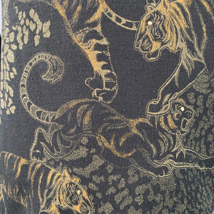 VERSACE JEANS Size L Black Gold Tiger Cotton Print Studded Crew Neck Sweater