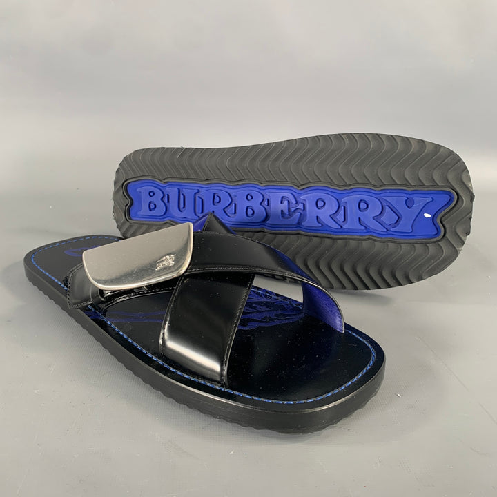 BURBERRY Size 10 Black Blue Leather Slide Sandals
