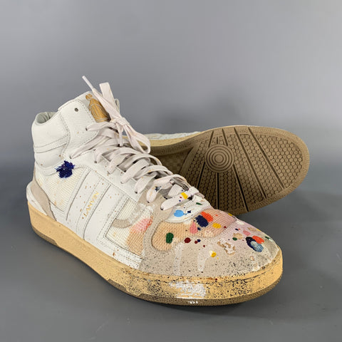 LANVIN Size 10 White Multi-Color Splattered Leather High Top Sneakers