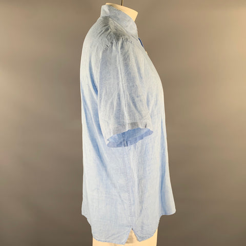 LORENZINI Size XL Blue Heather Linen Short Sleeve Shirt