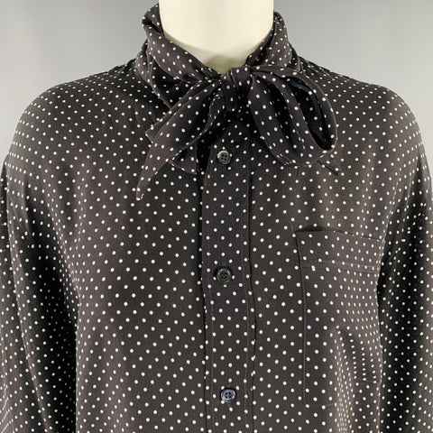 PLAN C Size M Black White Silk Polka Dot Bow Shirt
