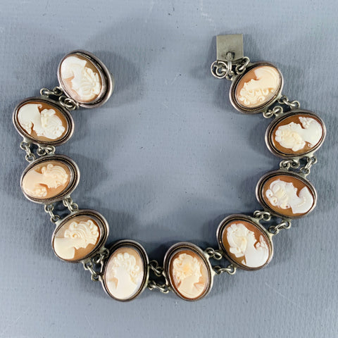 Bracelet camée victorien vintage argent et beige