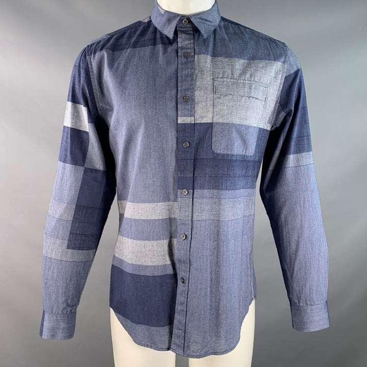ELIE TAHARI Size M Blue Navy Color Block Cotton One pocket Long Sleeve Shirt