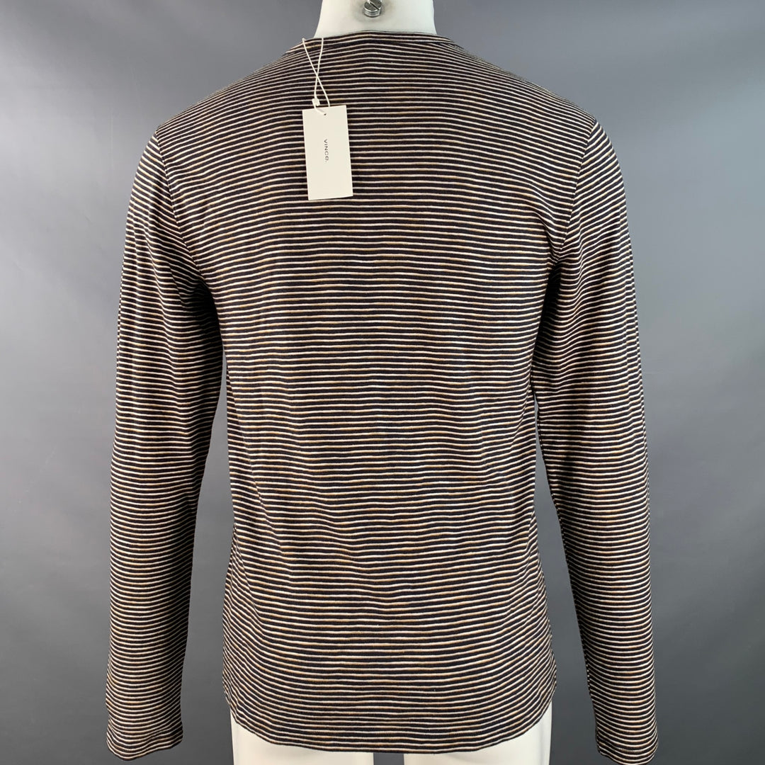 VINCE Size S Navy Yellow & White Stripe Cotton Open Collar Pullover