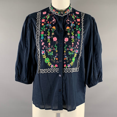 ESSENTIEL ANTWERP Size 8 Navy Multi-Color Beaded Mandarin Collar Blouse