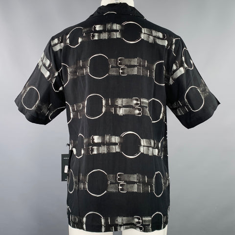 PLEASURES Size M Black White Print Rayon Camp Short Sleeve Shirt