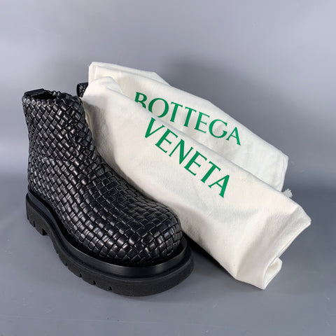 BOTTEGA VENETA Size 8 Black Mini Lido Weave Lug Woven Leather Side Zipper Boots